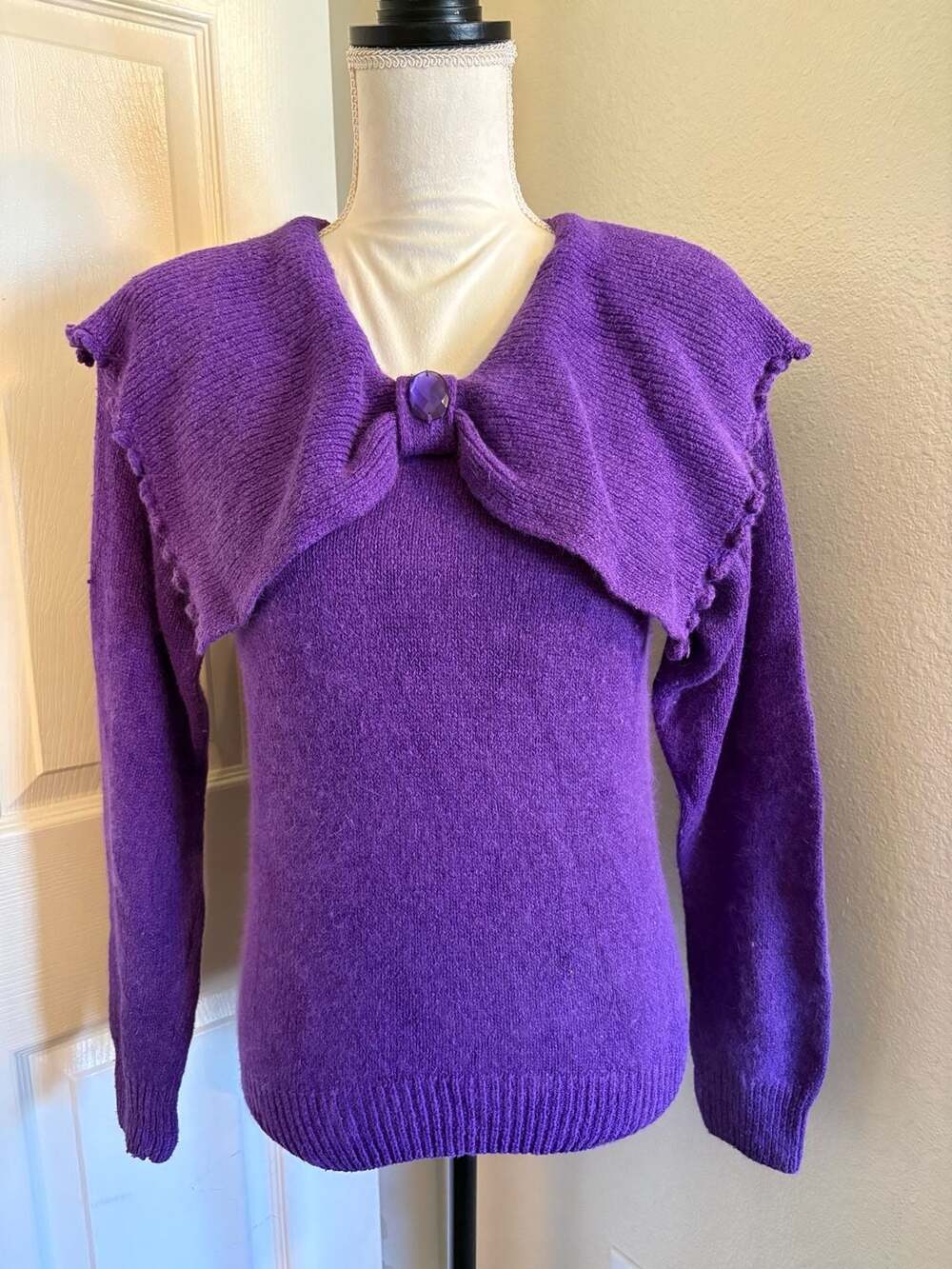 Bramble Lane Vintage Purple Knit Sweater with Faux Gem Accent Collar Size S